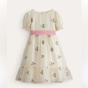 Mini Boden NWT flutter Organza ivory floral dress with pink sash tie size 11/12
